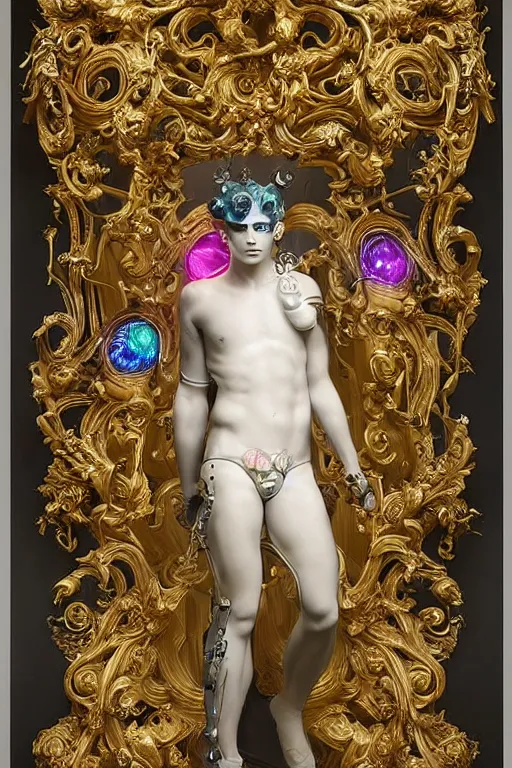 Prompt: full-body neon porcelain bladerunner and rococo style sculpture of a young handsome Colombian prince as a half android with a porcelain chest opening exposing circuitry and electric sparks, glowing laser beam eyes, crown of giant diamonds, flowing neon-colored silk, fabric, raptors. baroque elements. full-length view. baroque element. intricate artwork by caravaggio. many many birds birds on background. Trending on artstation, octane render, cinematic lighting from the right, hyper realism, octane render, 8k, depth of field, 3D