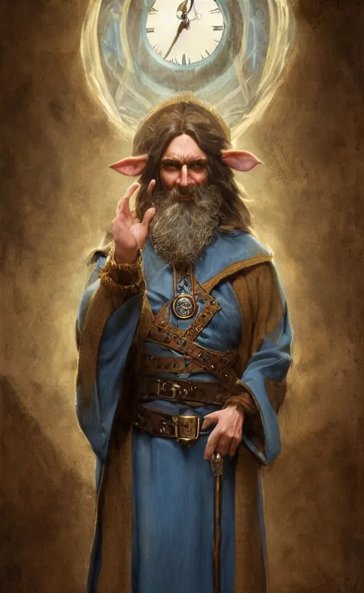 Image similar to portrait of a middle aged elf with a long beard, dressed in a blue cloak with clock iconography, brown hair, raised hand, detailed face, fantasy, highly detailed, cinematic lighting, digital art painting by greg rutkowski