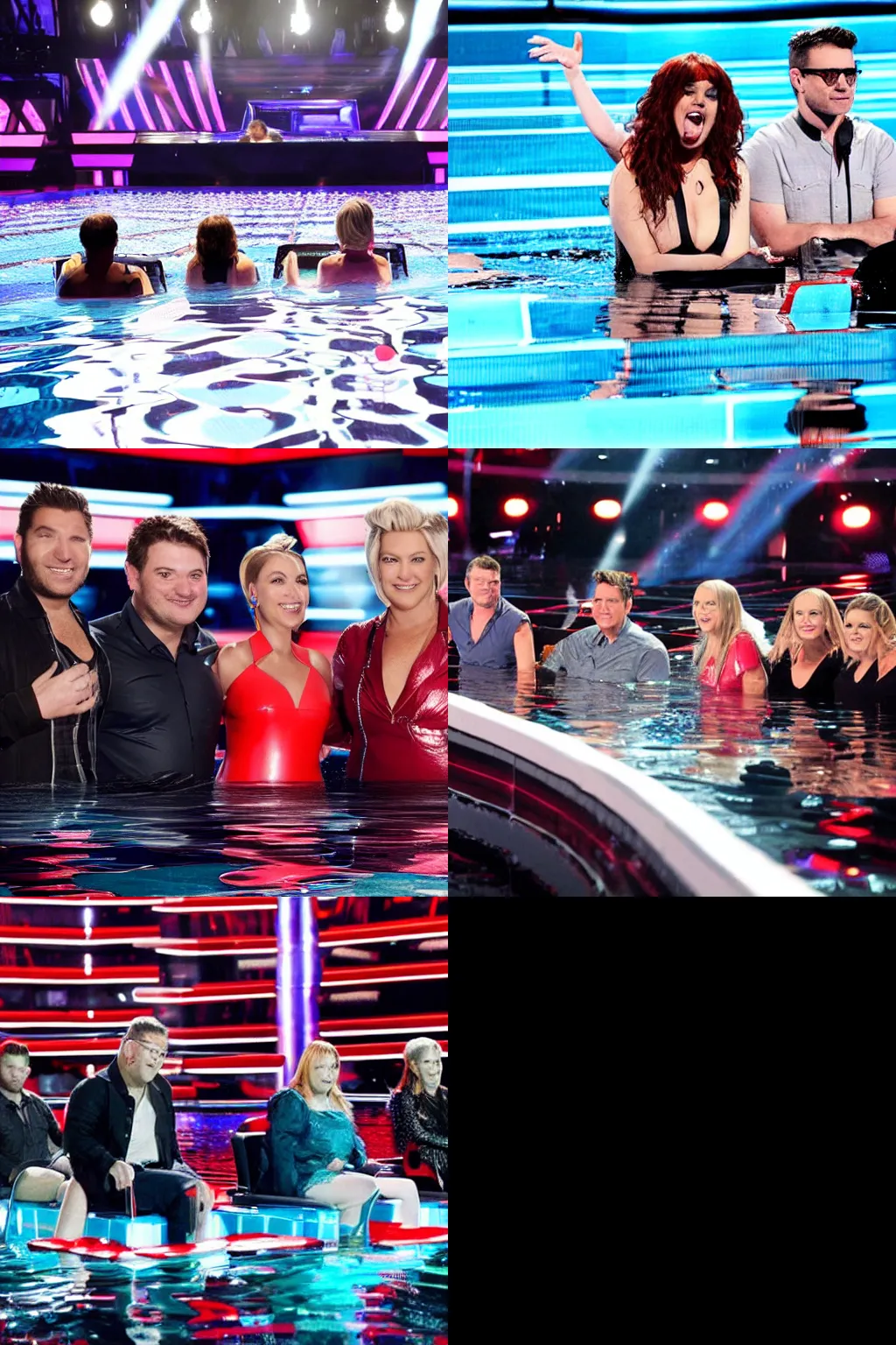 Prompt: the voice judges swimming in the flooded studio