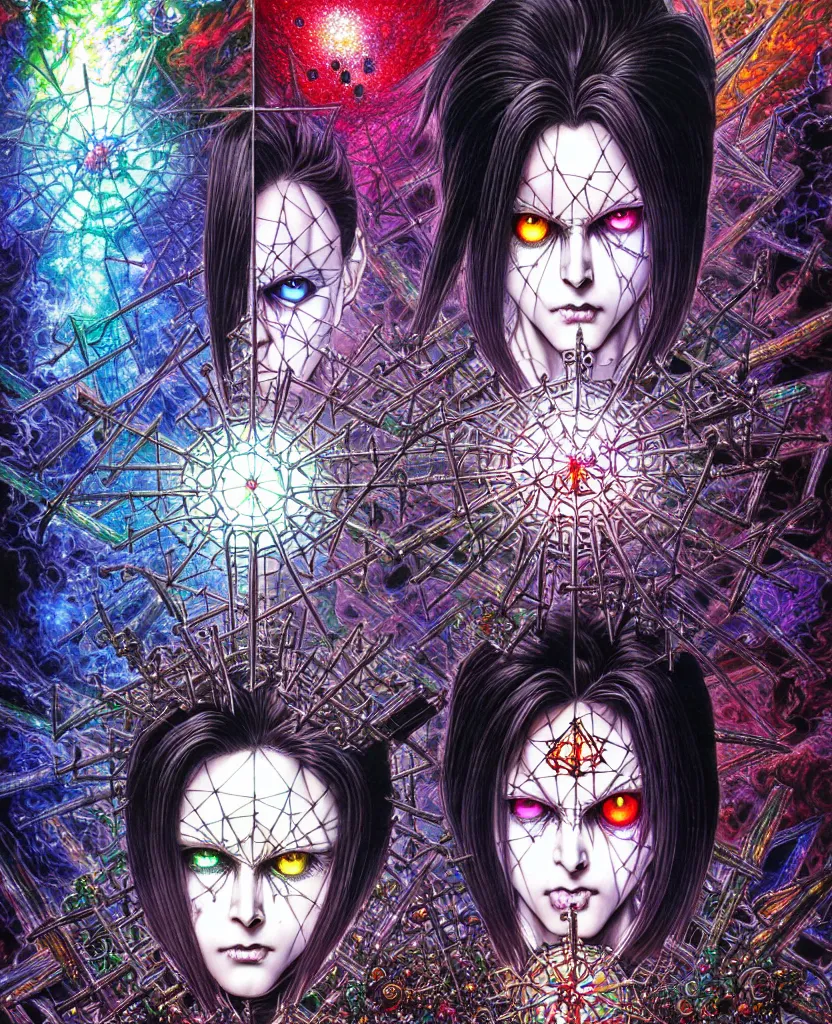 Image similar to realistic detailed image of ultra wrathful rainbow diamond nightmare scientist mega hellraiser depth perception depth of field action horror masterpiece neo - gothic gothic rich deep colors art by yoshitaka amano by yukito kishiro by yoshiyuki sadamoto by artgerm by hajime sorayama
