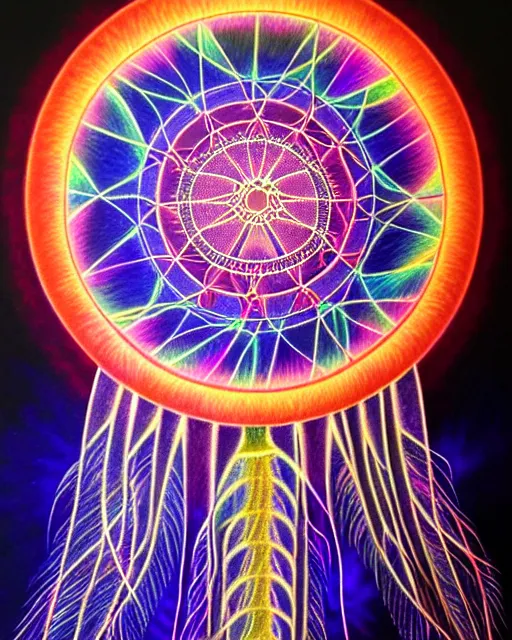 Image similar to detailed realistic dreamcatcher geometric glow painting a jellyfish emitting light in the cosmos by alex grey symmetry