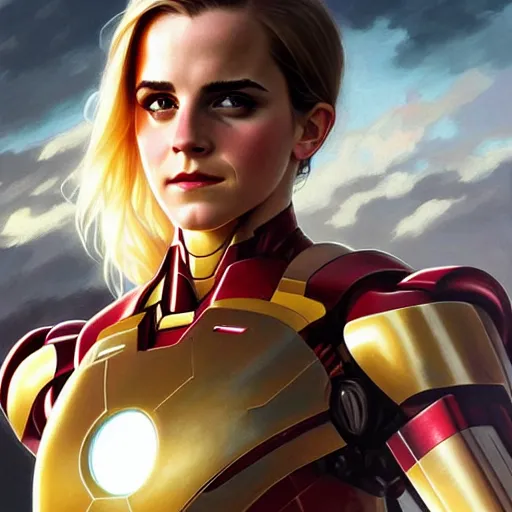 Image similar to Blonde Emma Watson in an Iron Man suit, western, closeup, D&D, fantasy, intricate, elegant, highly detailed, digital painting, artstation, concept art, matte, sharp focus, illustration, art by Artgerm and Greg Rutkowski and Alphonse Mucha