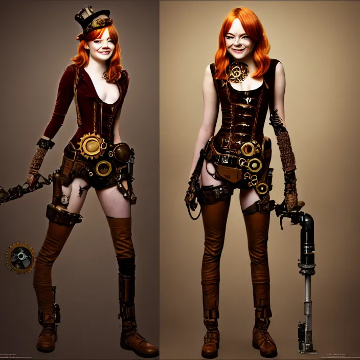 Image similar to full body photograph of emma stone as a steampunk warrior, Extremely detailed. 8k