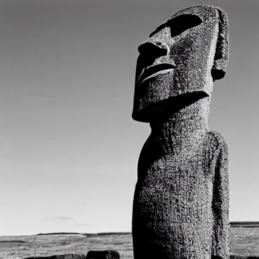 Image similar to easter island moai as the main character in a black and white noir film wearing a fedora, intricate, 1 9 4 0 s film noir, sharp focus, sharp shadows, robert siodmak, fritz lang, otto preminger, orson welles, billy wilder