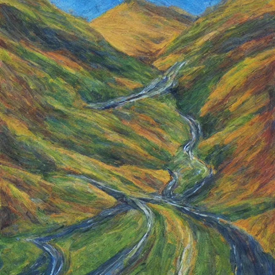 Image similar to an artwork about a road going down a beautiful valley