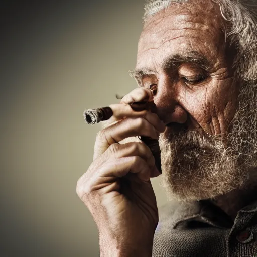Image similar to portrait of old man smoking pipe, the smoke turns into his gray hair, realistic 4k octane beautifully detailed render, 4k post-processing, highly detailed, intricate complexity, epic composition, magical atmosphere, cinematic lighting, masterpiece, ultra hd