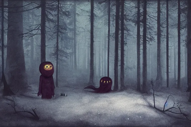 Prompt: creature from your darkest nightmares in a swedish forest, very low angle photograph, very detailed, trending on artstation, realistic, soft colors, illustration by john bauer, simon stålenhag, horror, creepy