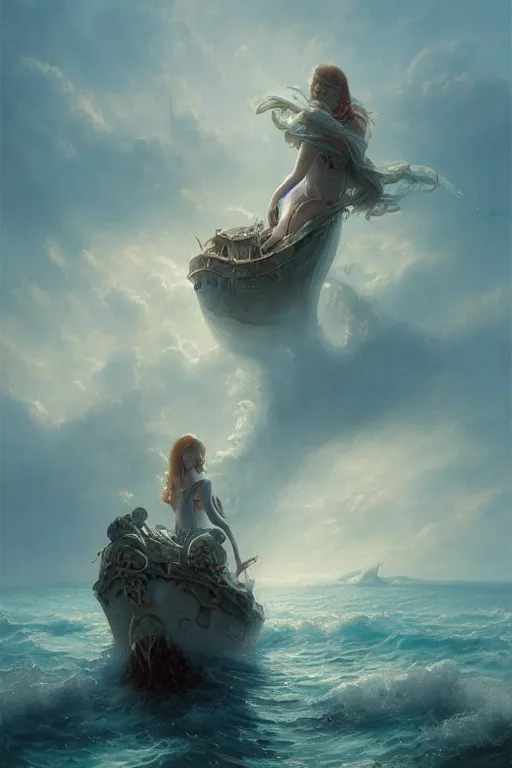 Image similar to breathtaking detailed soft painting of a drunken ship with mystical horrors, bathing in dreaming lactescent sea, alcohol with blue delirium skies, elegant, highly detailed, artstation, concept art, matte, sharp focus, art by tom bagshaw, and greg rutkowski