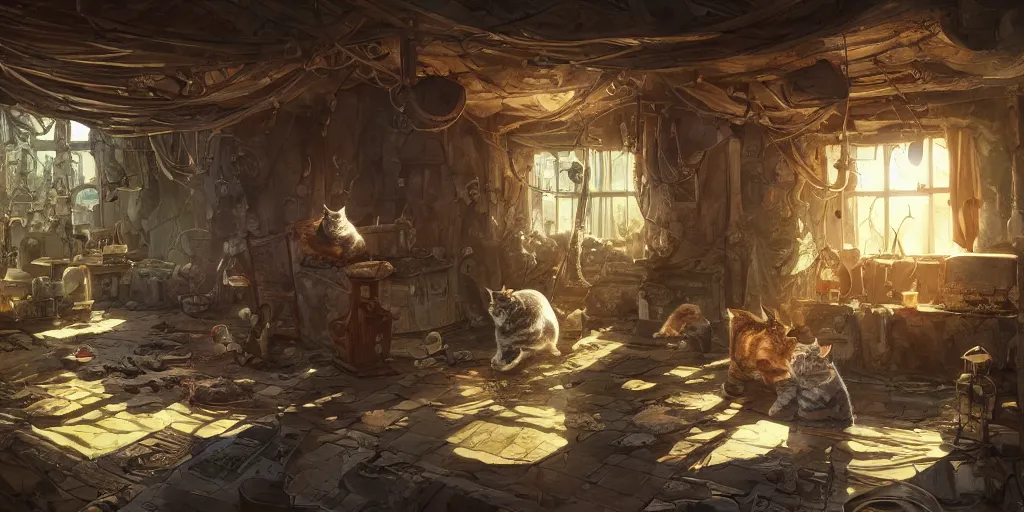 Image similar to cats living in a cat house interior overview mapa design, Moebius, Greg Rutkowski, Zabrocki, Karlkka, Jayison Devadas, Phuoc Quan, trending on Artstation, 8K, ultra wide angle, pincushion lens effect.