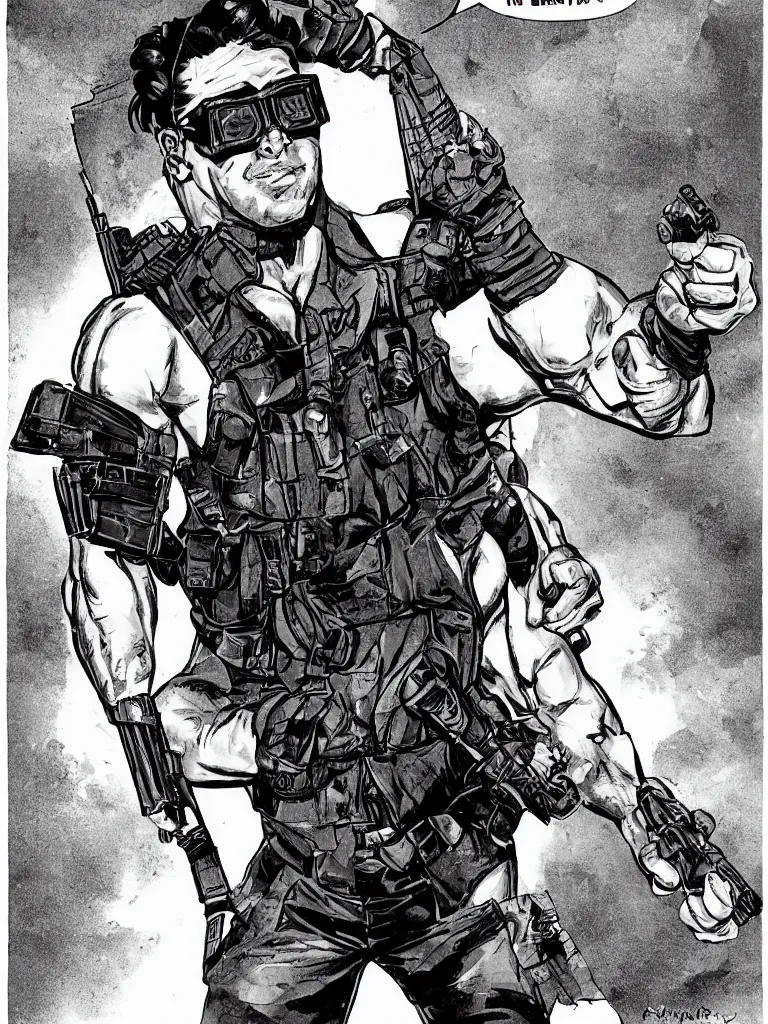 Image similar to muscular man, black vest with no shirt underneath, goggles around his neck, cargo pants, ammo belt, holding a blaster, long black hair in a ponytail, five o' clock shadow, comic book art