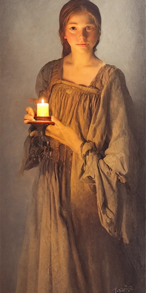 Image similar to Highly detailed and cinematic romantic period oil painting of a medieval peasant girl holding a candle, strong atmosphere, oil painting masterpiece by Josep Tapiró Baró, symmetry, fractals