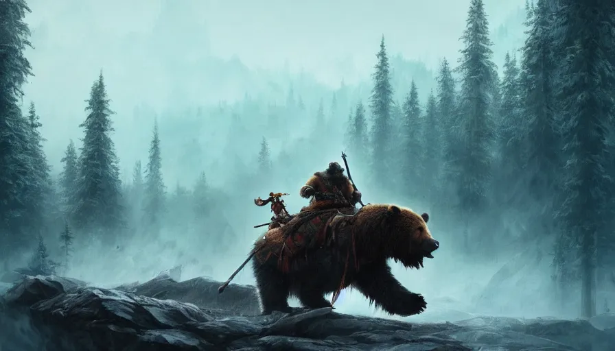 Image similar to a mongolian warlord riding a bear, action scene, an epic fantasy, dramatic lighting, cinematic, extremely high detail, photorealistic, cinematic lighting, artstation, by simon stalenhag, shadow of the tomb rider