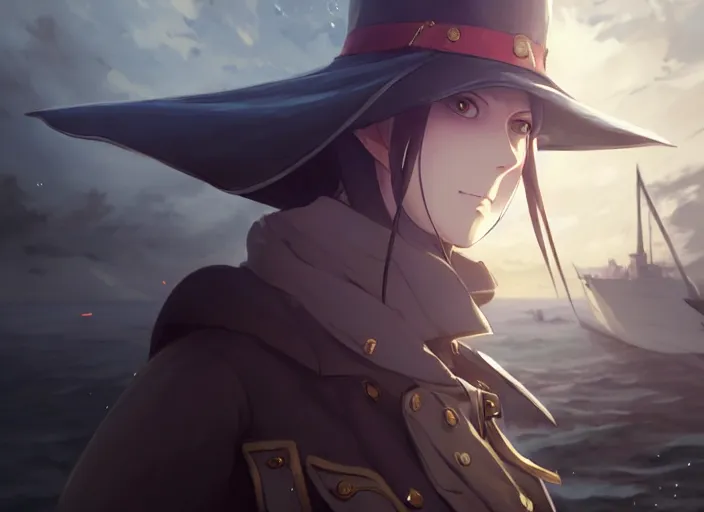 Image similar to portrait of lady maria, helm of second world war warship in background, illustration concept art anime key visual trending pixiv fanbox by wlop and greg rutkowski and makoto shinkai and studio ghibli and kyoto animation, symmetrical facial features, astral witch clothes, dieselpunk, realistic anatomy, gapmoe yandere grimdark, volumetric lighting, backlit