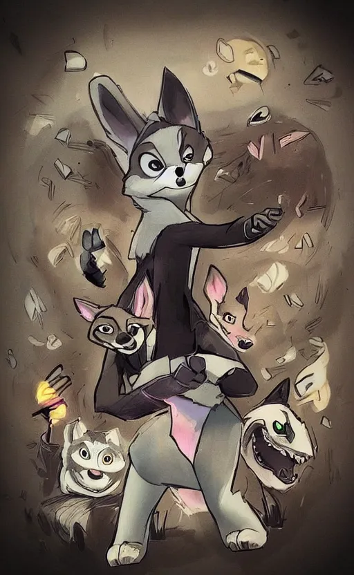 Image similar to “wolf in the style of zootopia in a dark room, dodging lasers, dramatic in the style of zootopia”