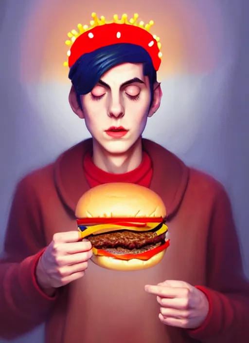 Image similar to portrait of jughead jones, eating a hamburger, wearing a crown, eyes closed, intricate, elegant, glowing lights, highly detailed, digital painting, artstation, concept art, smooth, sharp focus, illustration, art by wlop, mars ravelo and greg rutkowski