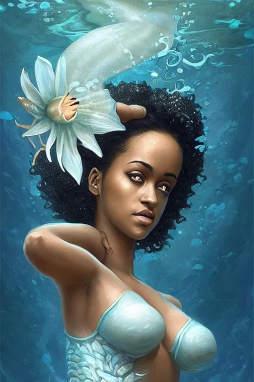 Prompt: nathalie emmanuel as a dark - skinned la sirene haitian mermaid goddess, under water, white lilies, shells, highly detailed, d & d, fantasy, highly detailed, digital painting, trending on artstation, concept art, sharp focus, illustration, art by artgerm and greg rutkowski and magali villeneuve