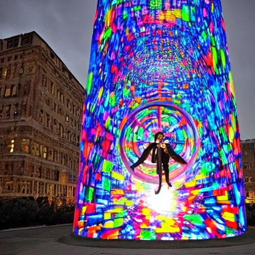 Prompt: A installation art. A rip in spacetime. Did this device in her hand open a portal to another dimension or reality?! Medieval by Tom Fruin