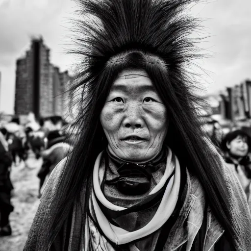 Prompt: hunnic protester face elongated cranium mongolian hair style photo black and white wide angle lense