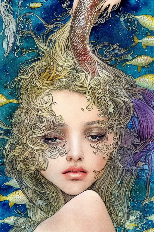 Image similar to mermaid face closeup surrounded by goldfish, art by luis royo and walter crane and kay nielsen, watercolor illustration, ultra sharp focus