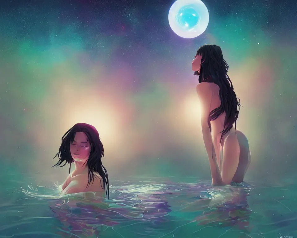 Image similar to beautiful seductive girl standing in a lake basking in the moonlight, using magic, under a multi-colored binary blackhole with an accretion disc, glowing trails following her arms, wearing professional makeup, acidwave, by Lois van Baarle, by Greg Rutkowski, by artgerm, by beeple, by studio ghibli, cinematic angle, volumetric lighting, 4k resolution, octane render, trending on artstation, masterpiece