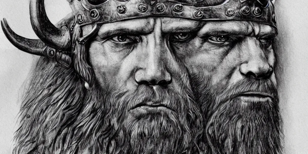 Prompt: realistic portrait of viking king with a wolf head as hat, 1450, ink, 8k, ultra realistic