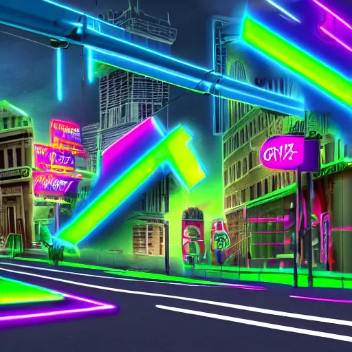 Prompt: A 3D render of a city disaster distopia of various people running around with vivd neon colors, building, street signs, explosions, with a lot of details and elements, 4k, surrealism Dalí