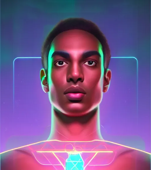 Image similar to symmetry!! egyptian prince of technology, solid cube of light, hard edges, product render retro - futuristic poster scifi, lasers and neon circuits, brown skin man egyptian prince, intricate, elegant, highly detailed, digital painting, artstation, concept art, smooth, sharp focus, illustration, dreamlike, art by artgerm