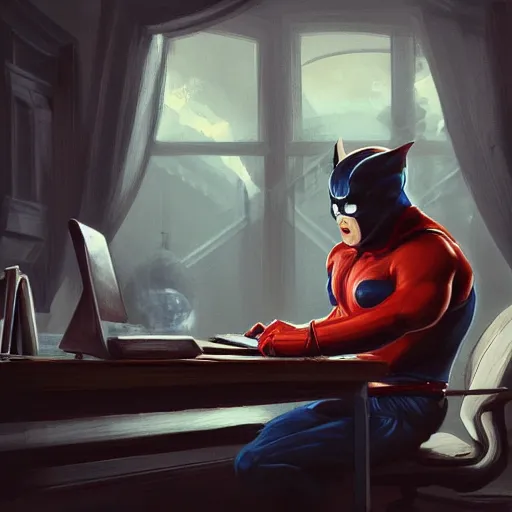 Image similar to a insanely detailed painting of a stocky masked asian man wearing a superhero costume sitting at a desk, staring at the nervously at the computer and typing, in the style of peter mohrbacher, dramatic lighting and composition, trending on artstation, concept art, comic book