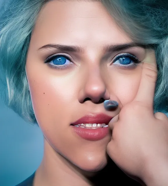 Image similar to portrait photo of Scarlett Johansson:: symmetric face, symmetric eyes, slight smile, photo by Annie Leibovitz, 85mm, teal studio backdrop, Getty images