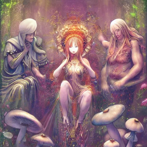 Prompt: mushroom goddess with group of elders, discussing the new season of friends, cynical realism, hiroya oku painterly, yoshitaka amano, chris cunningham, renderfruit, beautiful lighting, tendrils, in the style of, wlop, scientific diagram