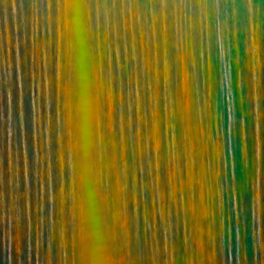 Prompt: abstract expressionist artwork about a single road going through lush boreal forests and hills during sunrise sepia and forest green colour scheme.