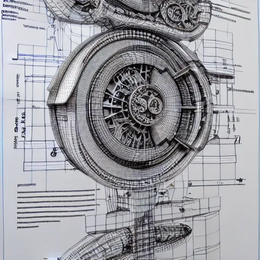 Image similar to a concept of a detailed and intricate design of a mechanical deconstructor 3 d design, great finesse organic hyper detailed, engineering blueprints, technical drawings, calculus, stained paper,