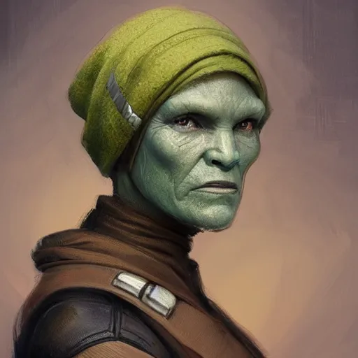 Image similar to portrait of a woman by greg rutkowski, female twi'lek, green skin, wool cap, star wars expanded universe, she is about 6 0 years old, wearing uniform of the galactic alliance navy, highly detailed portrait, digital painting, artstation, concept art, smooth, sharp foccus ilustration, artstation hq