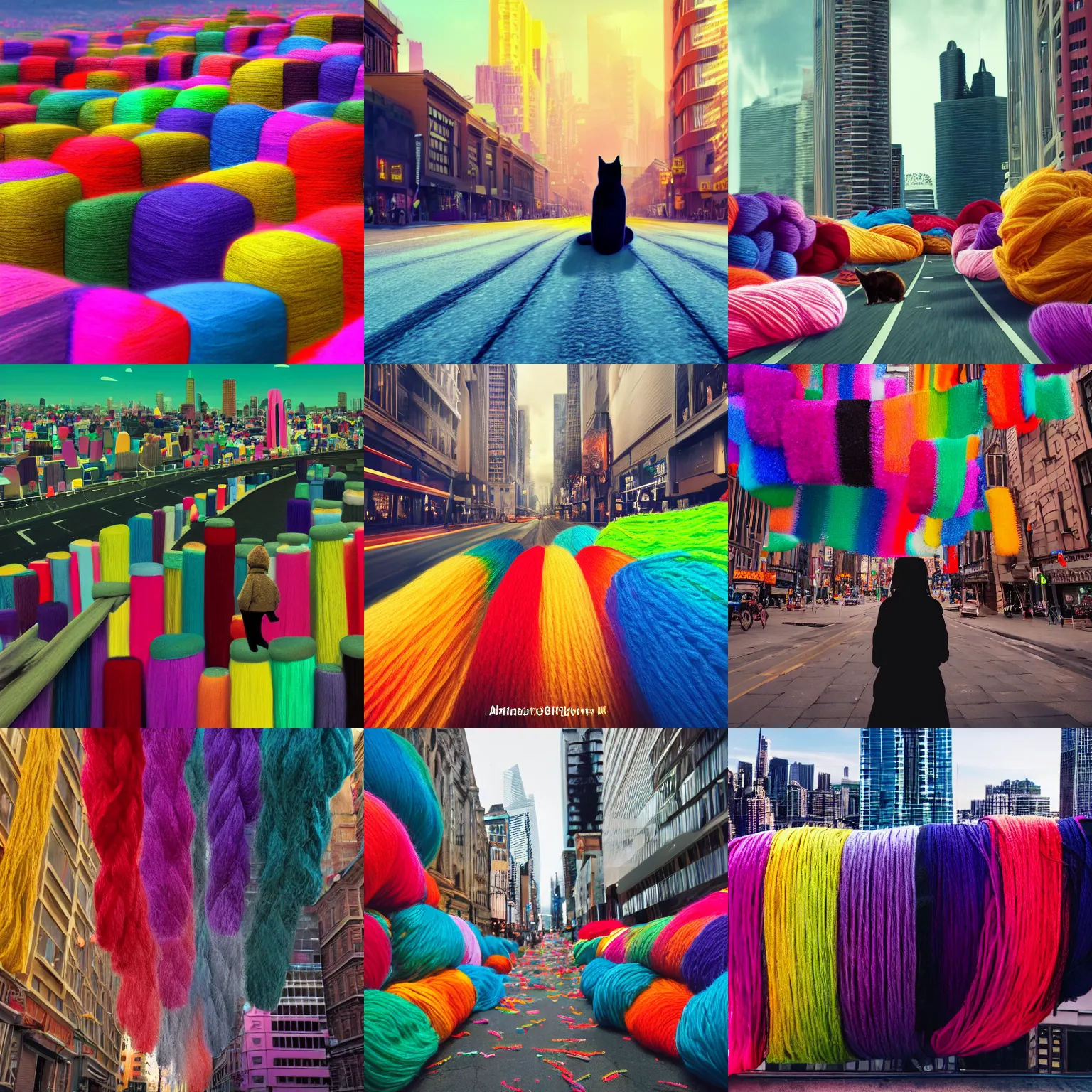 Prompt: A cinematic photo taken from behind a black cat watching an epic landscape of a big colorful city made of yarn. Instead of buildings and skyscrapers, there are giant colorful rolls of yarn that reach the sky. There is yarn all over the streets. 8k, ambient lighting, Octane, render, trending on artstation