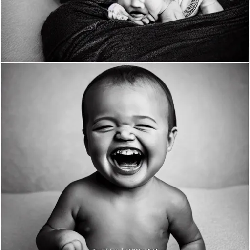 Image similar to the fist baby ever born, laughing, highly detailed, award winning photography