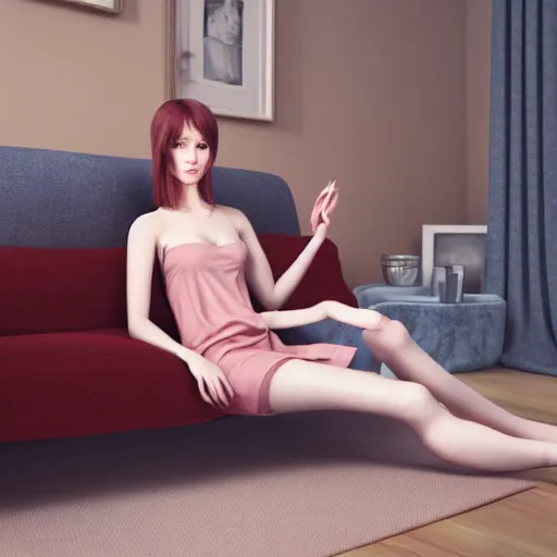 Image similar to 3 d render of a cute thin young woman, red blush, wearing casual clothes, small smile, relaxing on a couch, cuddling up under a blanket, cozy living room, medium shot, 8 k, octane render, trending on artstation, art by artgerm, unreal engine 5, hyperrealism, hyperdetailed, ultra realistic