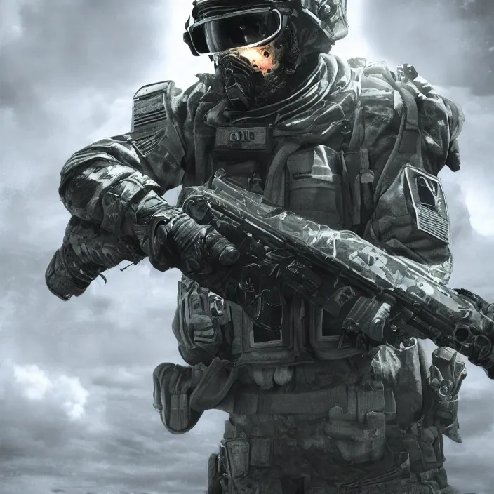 Image similar to call of duty ghost soldier looking out into the vastness of space, digital art