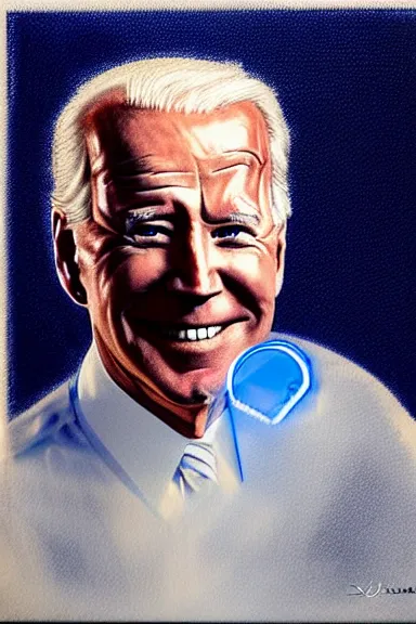 Image similar to portrait of joe biden in white armor with blue lights in it by david lazar