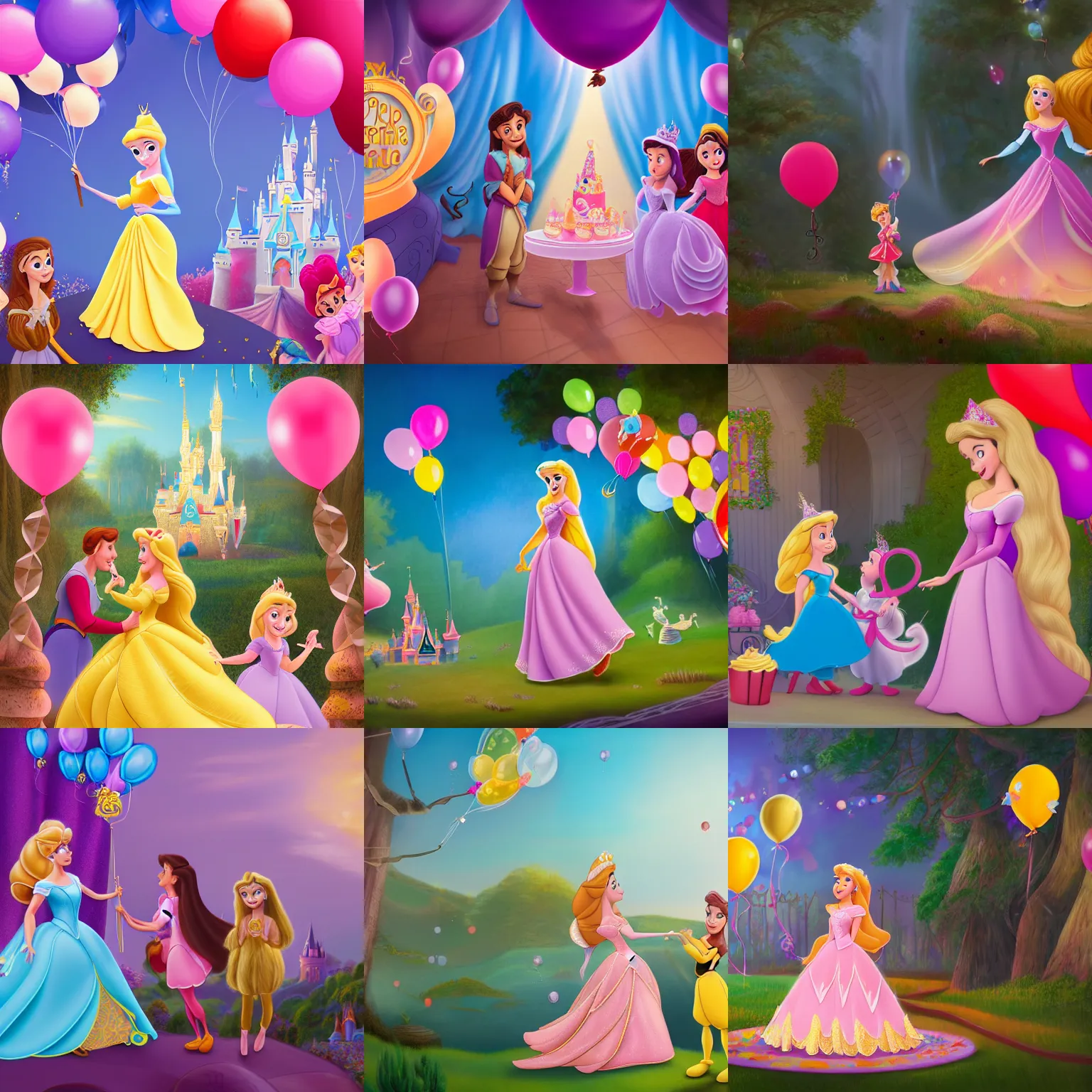 Prompt: a children's book illustration of disney princess sophia at her birthday with rapunzel surrounded by balloons and cake. brightly lit scene. this 4 k hd image is trending on artstation, featured on behance, well - rendered, extra crisp, features intricate detail, epic composition and the style of unreal engine.