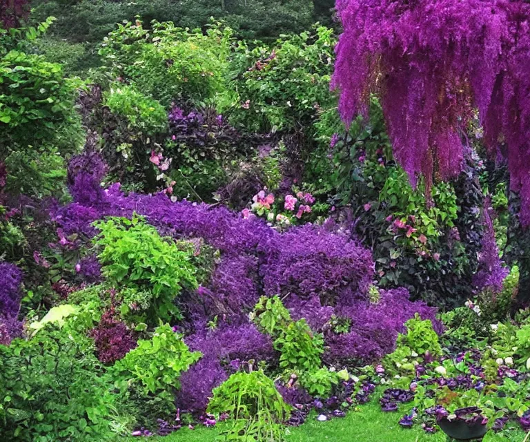 Prompt: fantasy garden, purple vines, black roses, black thorns, eerie, old statues