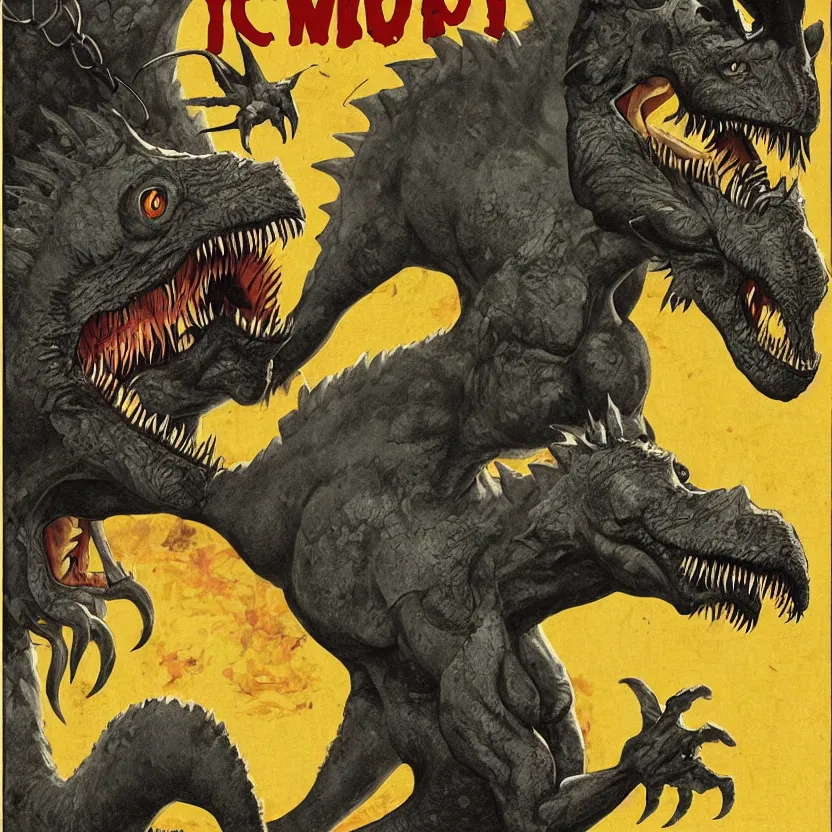 Image similar to werewolf dinosaur hyprid. pulp science fiction horror. dark background