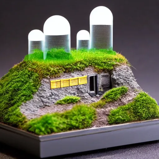 Prompt: a terrarium with nuclear power station diorama inside on top of a minimalist table, lit from the side