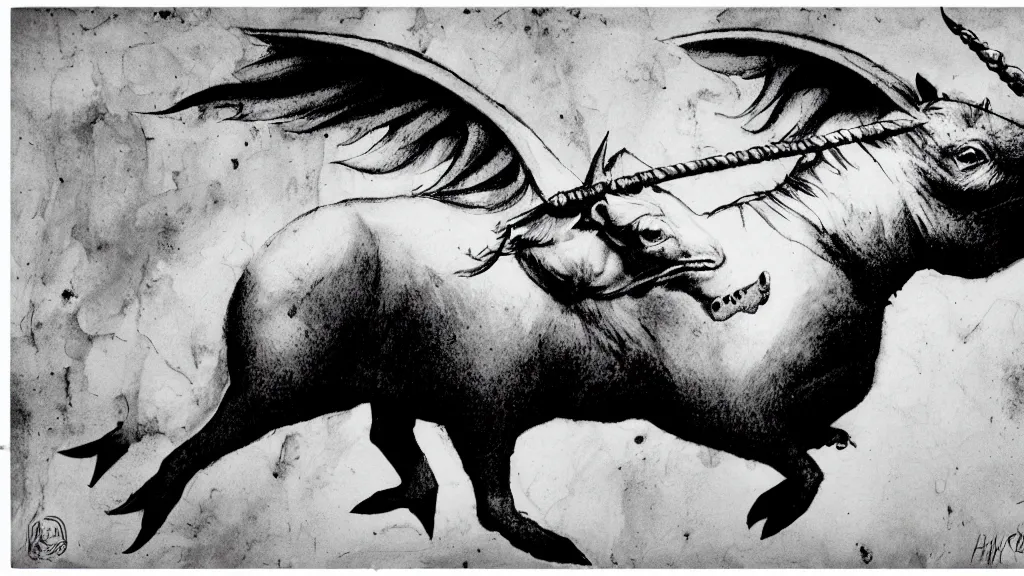 Image similar to flying pig with unicorn horn, derek hess style, black and white, 35mm, 8k