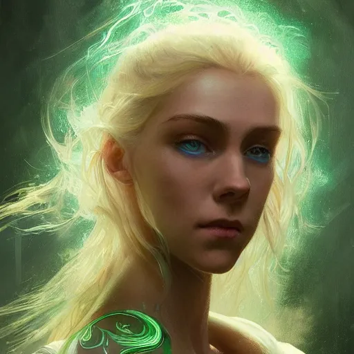 Image similar to portrait of a beautiful young woman with glowing blue eyes, dressed in a green top, flowing white hair, detailed face, fantasy, highly detailed, cinematic lighting, digital art painting by greg rutkowski, trending on artstation, very very beautiful, very attractive