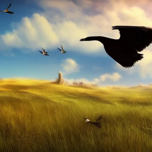 Prompt: an expansive grassy plain, with a fantastical giant bird soaring above, digital art, fantasy, 8k, trending on artstation