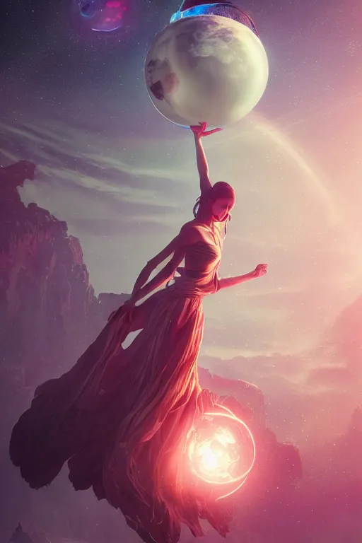 Image similar to space goddess floating while holding a magical orb in her hand. sci fi, intricate artwork by Tooth Wu and wlop and beeple. octane render, trending on artstation, greg rutkowski very coherent symmetrical artwork. cinematic, hyper realism, high detail, octane render, 8k