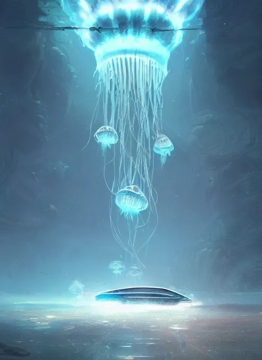 Image similar to jellyfish alien vehicle, sparks, ultra realistic, underwater temple, cinematic lighting, machines, highly detailed, sharp focus, artstation, masterpiece, art by greg rutkowski