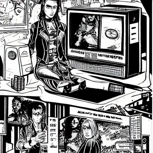 Image similar to “surreal cyberpunk comic book illustration of a punk sitting in booth smoking watching a 1970s tv with a beautiful female cyborg commander on the screen in dystopian dive bar, cybercore, fine detail”