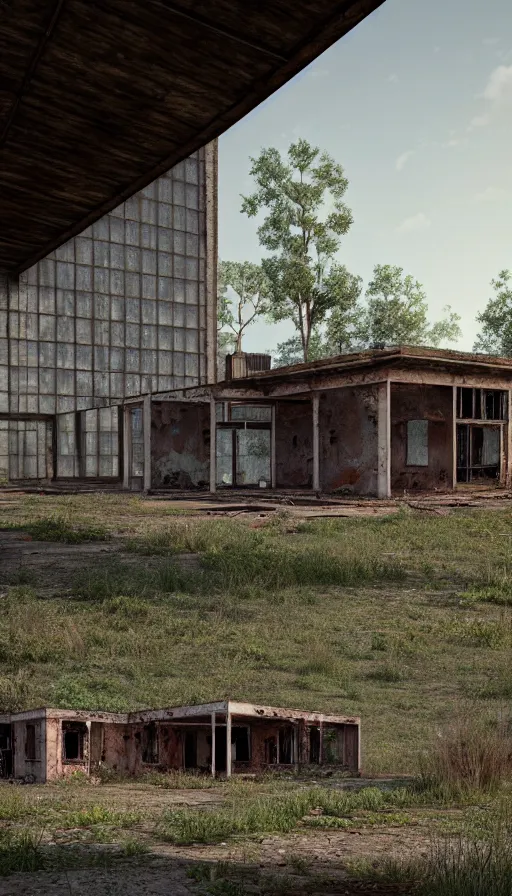 Prompt: a beautiful photorealistic rendering of building urbex abandoned ranch - style by b. v. doshi, architecture island, archdaily, wallpaper, highly detailed, trending on artstation.