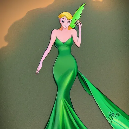 Image similar to beautiful tinkerbell in a skintight green satin prom dress on the beach drawn by artgerm